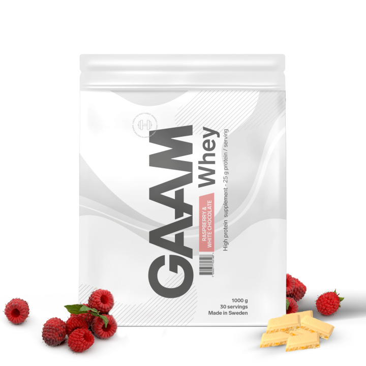 GAAM 100% Whey Premium 1 kg Raspberry White Chocolate in the group Protein / Whey at Gaamnutrition.com (Proteinbolaget i Sverige AB) (PB-1533-29)